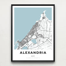 Load image into Gallery viewer, Classy Vendor - Minimalist map of Alexandria, Egypt, in a black frame on wall
