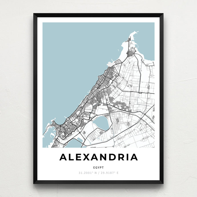 Classy Vendor - Minimalist map of Alexandria, Egypt, in a black frame on wall