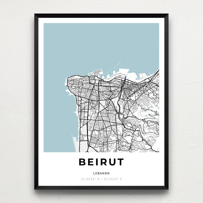 Classy Vendor - Minimalist map of Beirut, Lebanon, in a black frame on wall