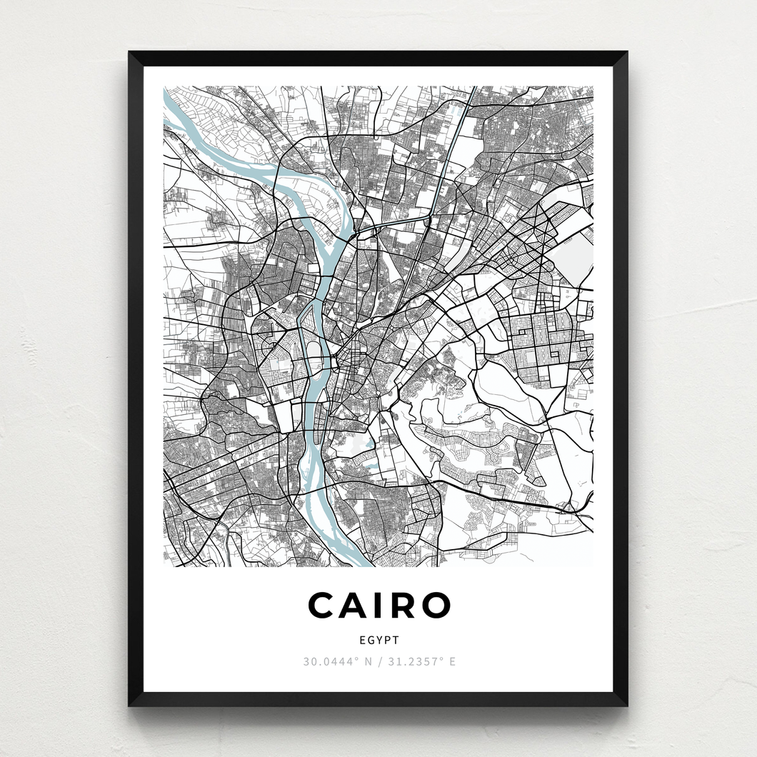 Classy Vendor - Minimalist map of Cairo, Egypt, in a black frame on wall