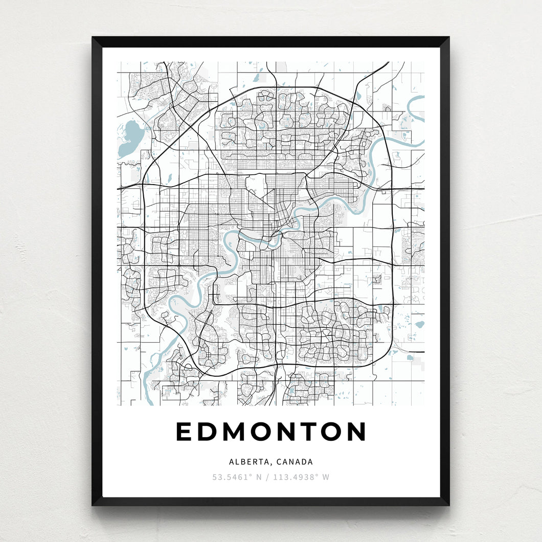 Classy Vendor - Minimalist map of Edmonton, Alberta, Canada, in a black frame on wall